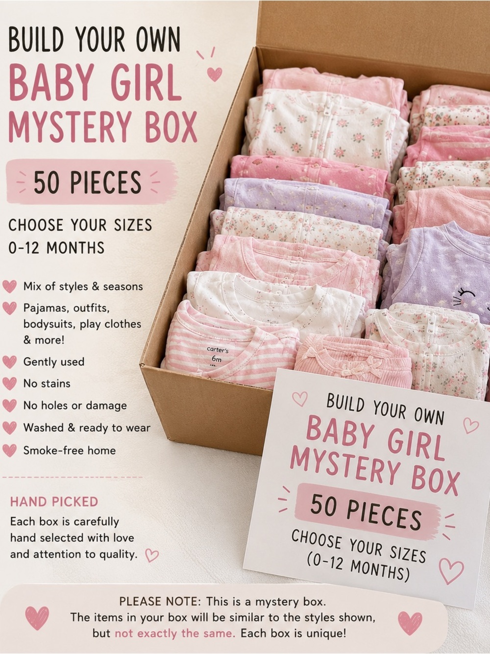 ✨ Build Your Own Baby Girl Mystery Box | 50 Pieces | Choose Your Sizes (0–12 M)